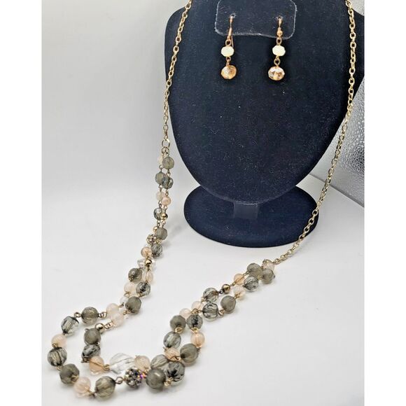 Artisan Vintage Demi Parure Faceted Crystal Double Strand Long Necklace Earrings - Picture 3 of 7